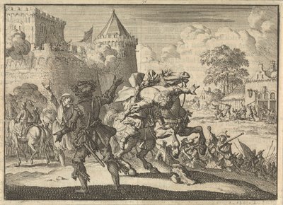 Den kejserliga befälhavaren Dampier faller från sin häst efter ett skott från Presburgs (Bratislavas) murar, 1620 av Jan Luyken
