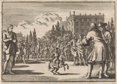 På ett torg i Madrid har en folkmassa samlats runt Louisillo, dvärgen till kungen av Spanien, 1675 av Jan Luyken