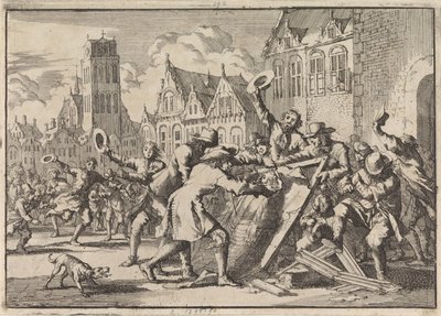 Upplopp i Dordrecht där en bild av Cornelis de Witt förstörs av folket, 1672 av Jan Luyken