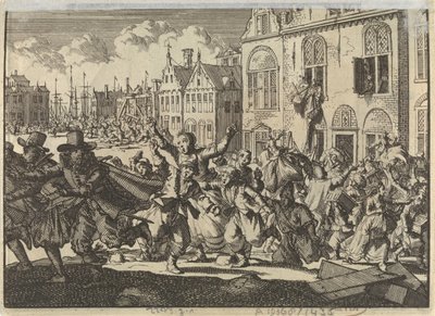 Revolt i Enkhuizen där viceamiralerna Kwasts och Turks hus förstörs, 1635 av Jan Luyken