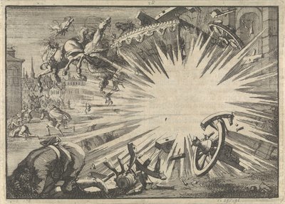 Kung Ludvig XIII:s vagn och hästar förstördes av explosionen av en infernalisk maskin, ca 1625 av Jan Luyken