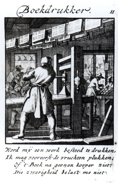 Boktryckaren, från handelsboken "Något för alla" av Abraham van St. Clara, 1736 (gravyr) av Jan Luyken