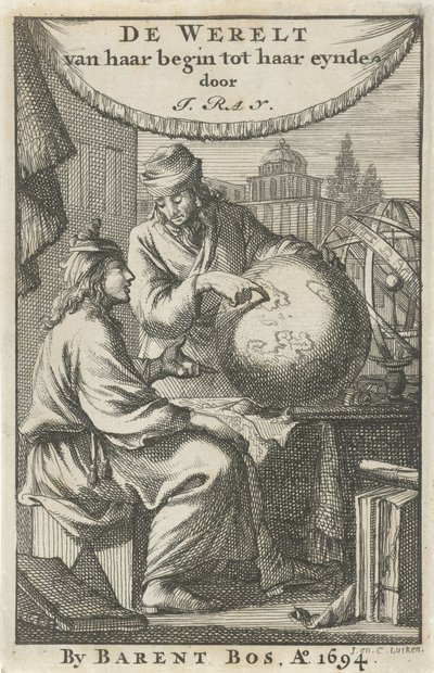 Två män studerar en jordglob Titelsida för: J. Ray, The World from Her Beginning to Her End, 1694 av Jan Luyken