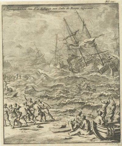 Skeppsbrott vid Godahoppsudden, 1693 The Crash of Three Ships at Cabo de Bonne Esperance (titel på objekt) av Jan Luyken