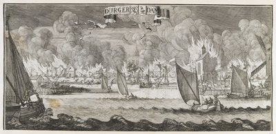 Utsikt över byn Durgerdam, nära Amsterdam, under branden 1687 (gravyr) av Jan Luyken