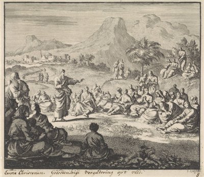 Tidiga kristna lyssnar på en predikan i vildmarken Religiöst möte i fält (titel på objekt) av Jan Luyken