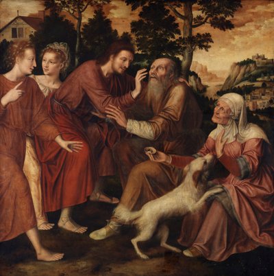 The Healing of Tobit (olja på panel) av Jan Massys or Metsys