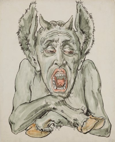 Kartong till polychromin i Mariakyrkan – Bröstbild av djävulen med vidöppen käft av Jan Matejko