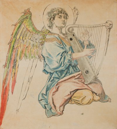 Kartong för polykromin i Mariakyrkan - Gestalt av en ängel som spelar luta av Jan Matejko