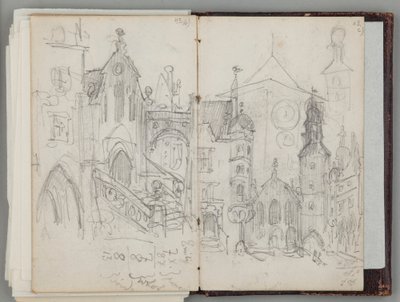 Jan Matejkos skissbok från München. Ensidig teckning. Framsida: studie av den gamla Marienplatz i München och studie av torn. av Jan Matejko