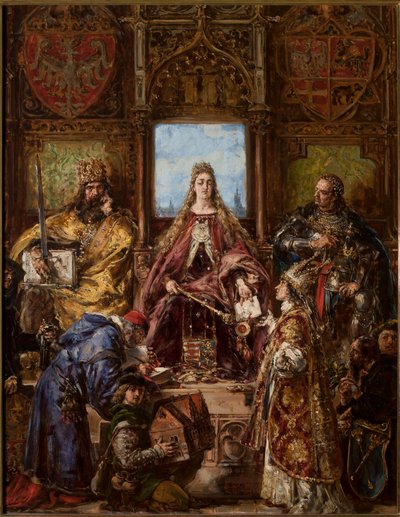 Grundandet av huvudskolan, befäst genom dess flytt till Kraków. R.P. 1361-1399-1400 av Jan Matejko