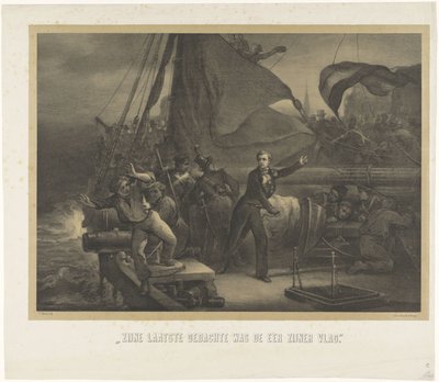 Jan van Speijk på väg att kasta säkringen i lastrummet, 1831 Hans sista tanke var äran av hans flagga (titel på objekt) av Jan Mesker