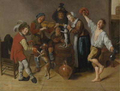 Glatt sällskap som spelar musik och dansar i en interiör av Jan Miense Molenaer