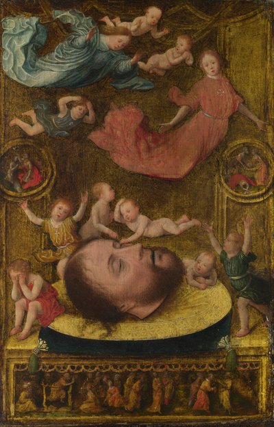 Johannes Döparens huvud, med sorgänglar och Putti, tidigt 1500-tal. av Jan Mostaert