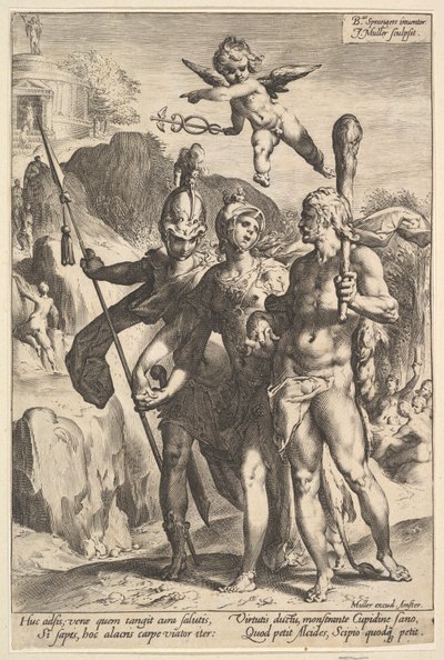 Hercules visas den bergiga vägen till Temple of Immortal Fame i företaget..., ca. 1591. av Jan Muller