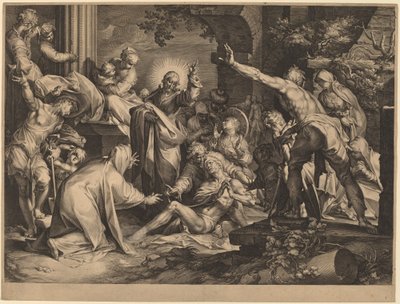 Lazarus uppståndelse av Jan Muller after Abraham Bloemaert