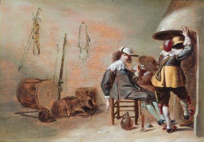 Interiören i ett vaktrum med kavaljerer vid en eld (olja på pannå) av Jan Olis