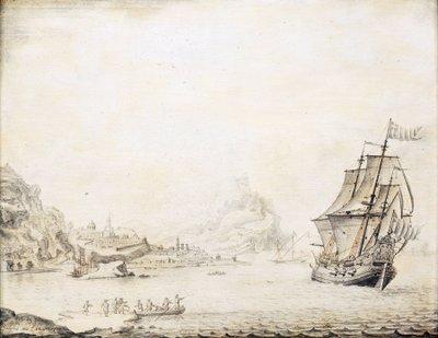 Ett brittiskt fartyg utanför Satalias (Turkiet) kust år 1677, omgivet av en klippig kust med gamla stadsmurar och minareter. Olja på trä av Jan Peeters