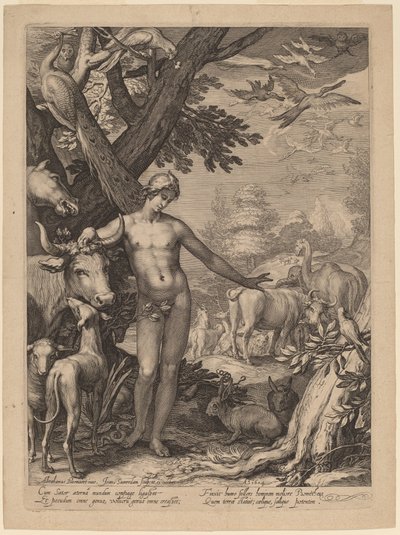 Adam som namnger djuren av Jan Pietersz Saenredam after Abraham Bloemaert