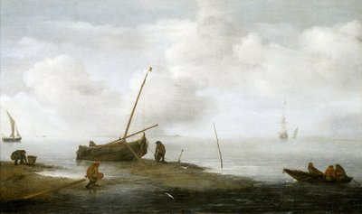 Musselfiske, en fiskebåt på stranden och tre män som är upptagna med att samla musslor i sina korgar. Olja på duk 1622, av Jan Porcellis (1580-1632). av Jan Porcellis