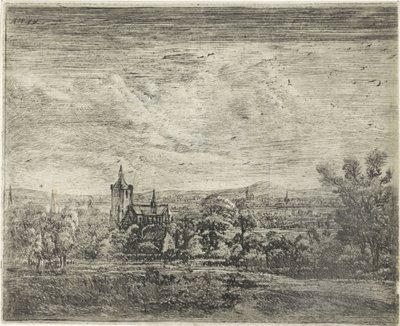 Byutsikt med en kyrka av Jan Ruyscher