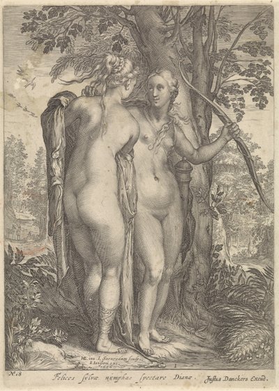 Diana och en nymf framför ett träd Diana och hennes nymfer (serietitel) av Jan Saenredam