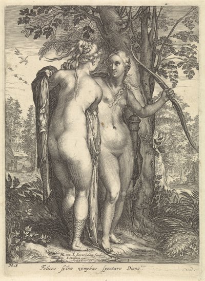 Diana och en nymf framför ett träd Diana och hennes nymfer (serietitel) av Jan Saenredam
