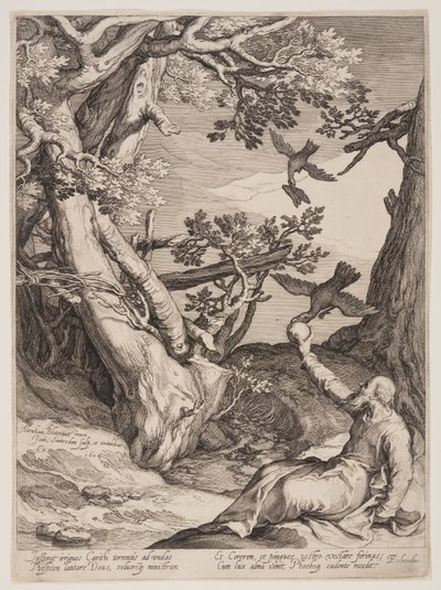 Elias i vildmarken, matad av korpar, ur Fyra scener ur profeternas liv, Jesaja, Ahajah och Elisha av Jan Saenredam