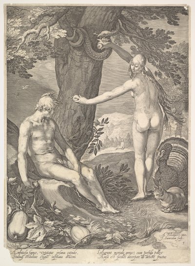 Eva som ger Adam den förbjudna frukten, från berättelsen om Adam och Eva. av Jan Saenredam
