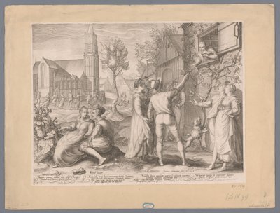 Jonge paren die poulet make en dansen, 1596 Enormt bröd stolich under Moses Choragi Mereriti Chorei, brödet kom att vara ynkligt (...) (titel på objekt) av Jan Saenredam