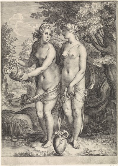 Två av Dianas nymfer vid en ström Diana och hennes nymfer (serietitel) av Jan Saenredam