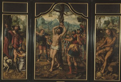 Triptyk av Sankt Sebastians martyrium (mittfältet): Saint Roch (vänster panel), Saint Onuphre (höger panel), Saint Peter (baksida höger panel), Saint Stephen (baksida vänster panel), mellan 1525 och 1566 (olja) av Jan Sanders van Hemessen