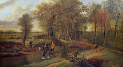 Ett trädbevuxet flodlandskap med figurer, häst och vagn, 1692 av Jan Siberechts