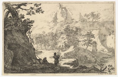 Landskap med ruiner av ett slott på en kulle, tidigt 1700-tal. av Jan Smees