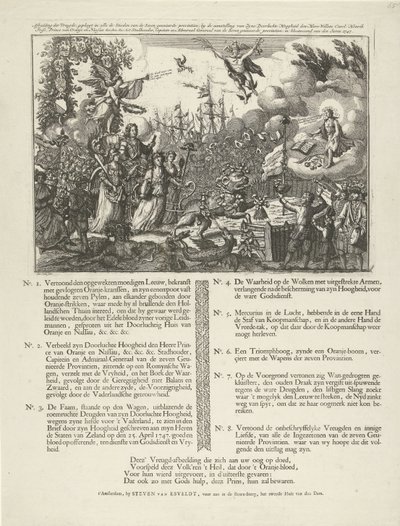 Allegori om utnämningen av Vilhelm IV till republikens stadhållare, 1747 Bild av Joy, engagerad i alla städer i de sju fackliga provinserna, genom utnämningen av (...) Willem Carel Henrik Friso (...) till stadhållare, kapten och av Jan Smit (II)