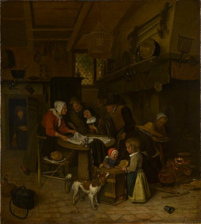En scen i ett bondkök med en tjänare som lägger ut duken av Jan Steen