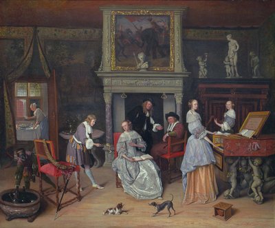 Fantasiinteriör med Jan Steen och Gerrit Schoutens familj av Jan Steen