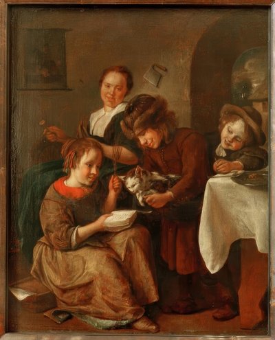 Barn lär en katt att läsa av Jan Havickszoon Steen