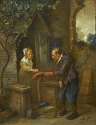 Ung flicka ger allmosor till en gammal man av Jan Steen