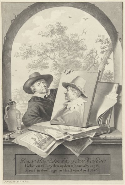 Man med en mapp med teckningar och ett porträtt av Jan van Goyen av Jan Stolker