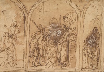 En design för en triptyk med tillbedjan av de två heliga, tidigt 1600-tal. av Jan Symonsz. Pynas
