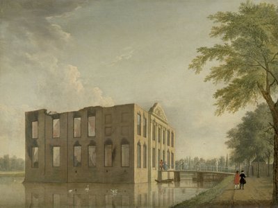 Berckenrode slott i Heemstede efter branden Berkenrode slott, Heemstede, efter branden 4-5 maj 1747: Sidovy av Jan Ten Compe