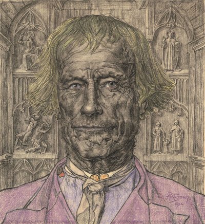 Porträtt av en gammal bonde framför en katedral, 1904. av Jan Toorop