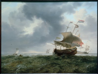 Slagskepp och fiskebåtar i stormiga hav av Jan Theunisz. Blanckerhoff