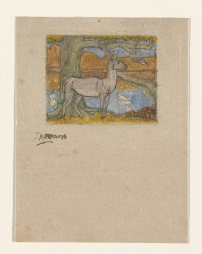 Rådjur nära ett träd framför en damm Rådjur nära ett träd (originaltitel) av Jan Toorop (signed by artist)