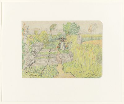 Bondekvinna med ett ok med mjölkhinkar på axlarna, går genom ett sädesfält av Jan Toorop