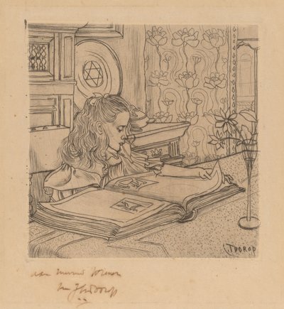 Charley tittar på ett album med utskrifter av Jan Toorop
