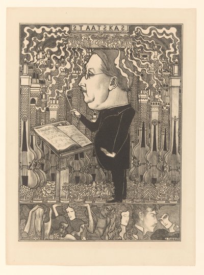 Dirigent med fioler bakom och rykande skorstenar The Treasury / De Haardsteden (originaltitel) av Jan Toorop