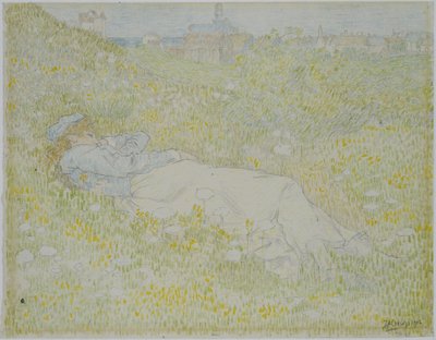 Kvinna som ligger i sanddynerna nära Noordwijk Flicka som ligger i gräset med siluetten av Noordwijk i bakgrunden av Jan Toorop