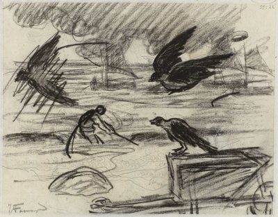 Havslandskap med fiskare, i förgrunden en skottkärra med fåglar av Jan Toorop